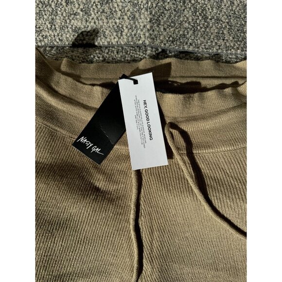 NWT Nasty Gal Womens Ribbed Knit Joggers With Drawstring Waist Beige Size L - Picture 5 of 11